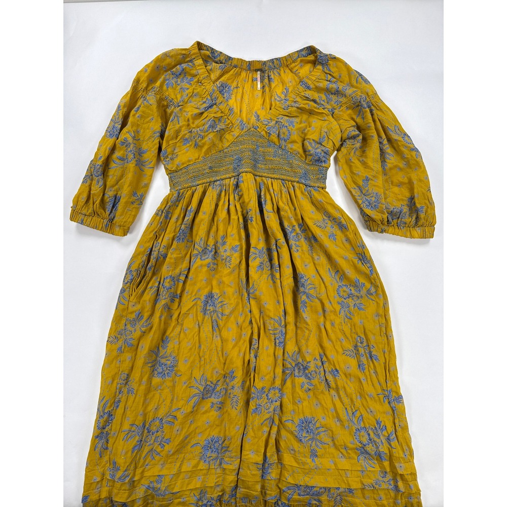 Free People Womens Golden Hour Maxi Dress Large Yellow Blue Floral Smocked